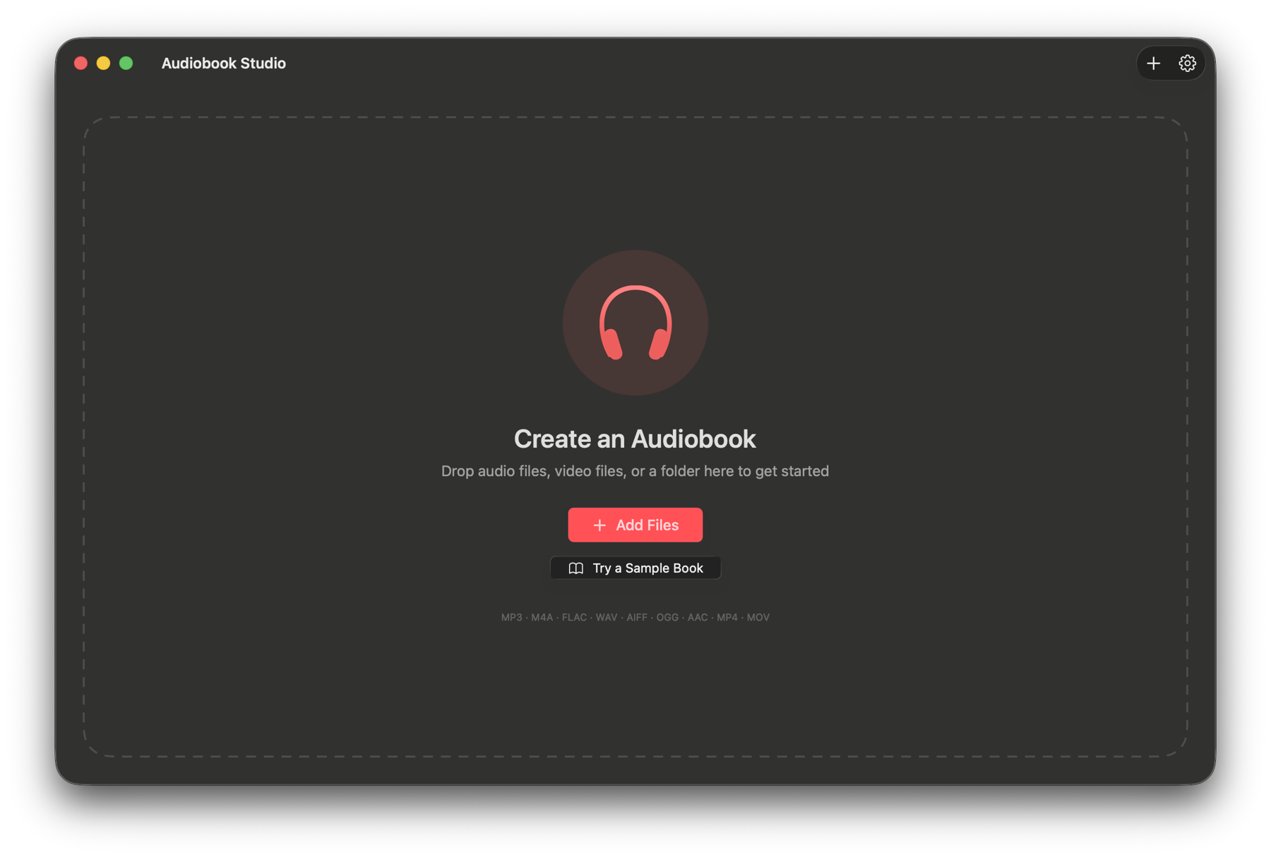 The drop zone: drag audio files, video files, or a folder to get started