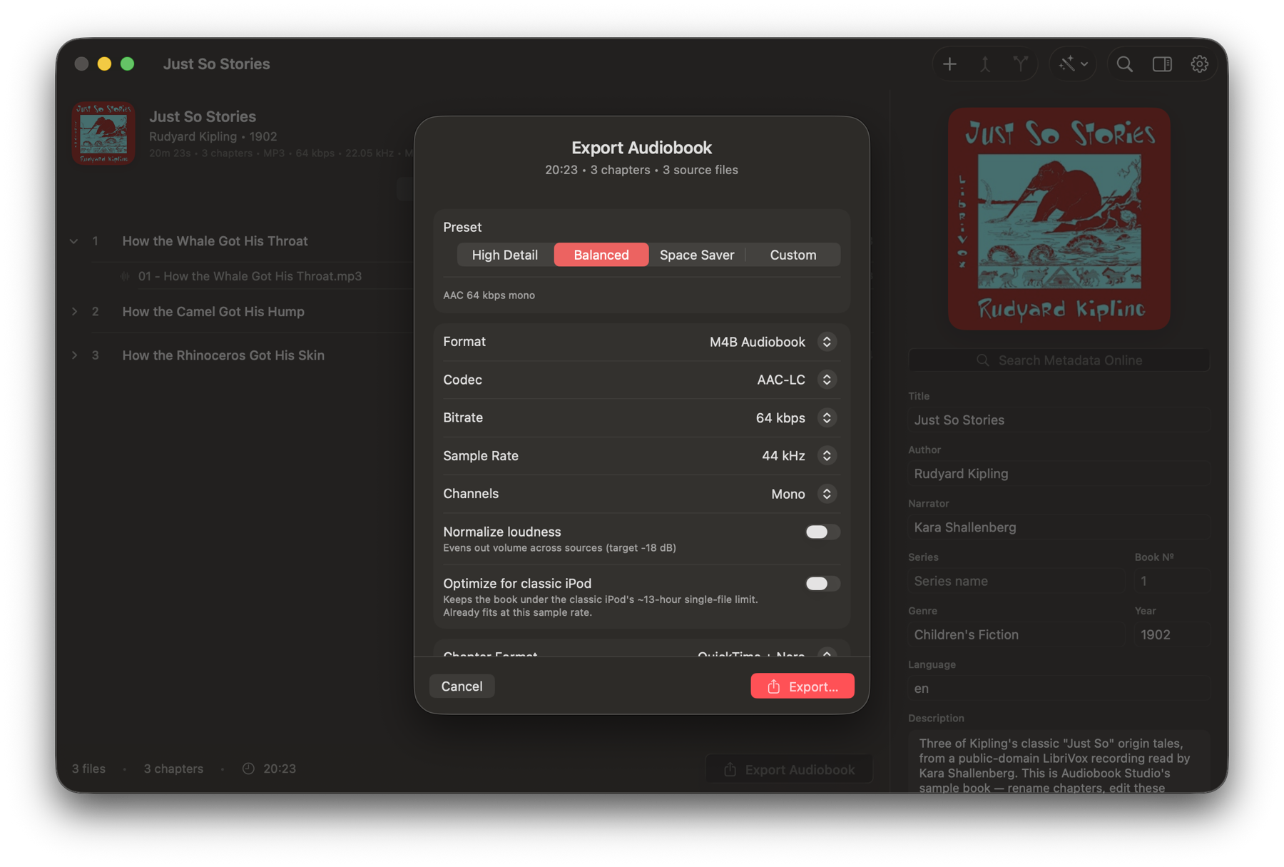 The export sheet on Mac showing presets and the estimated output size