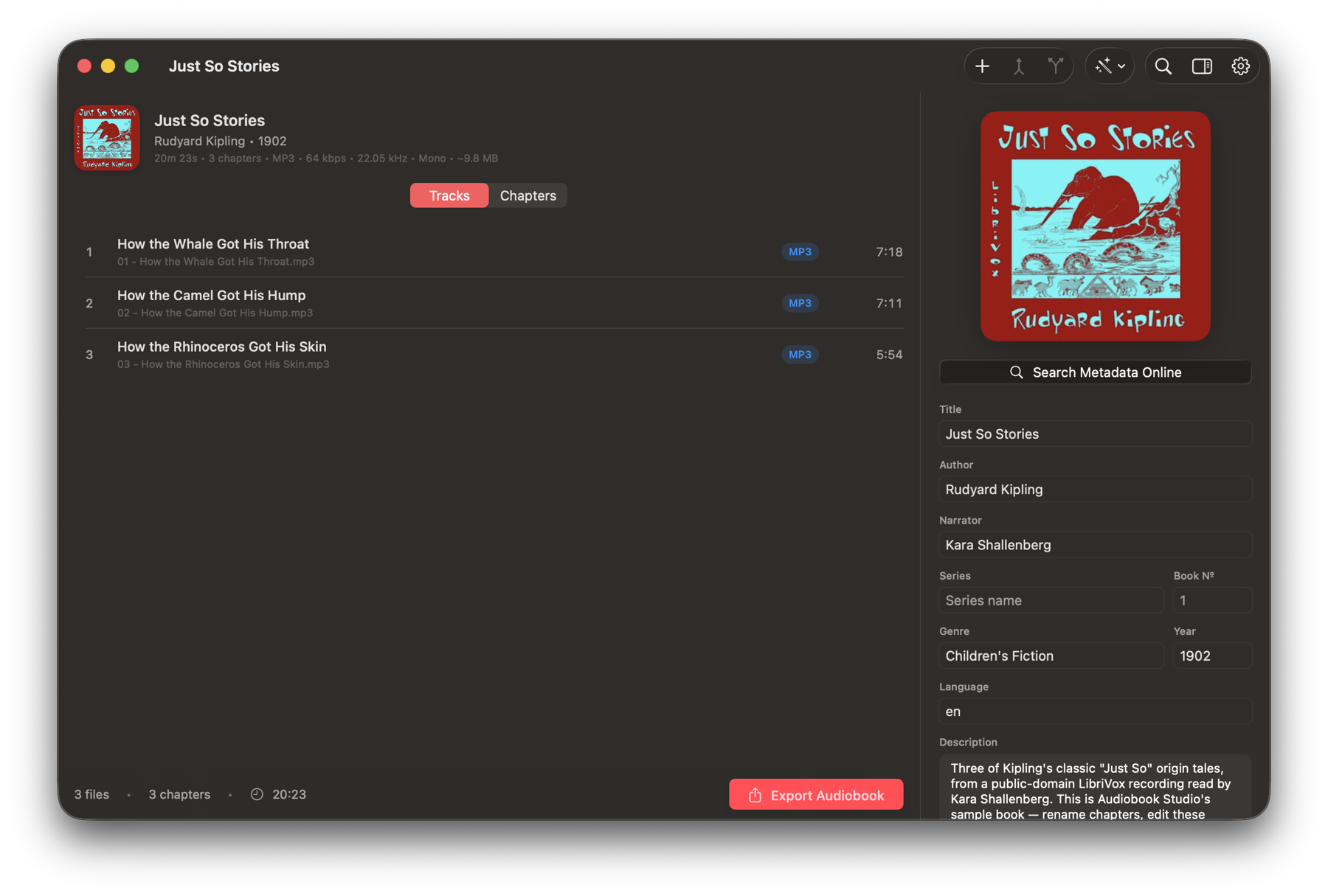 Audiobook Studio on Mac showing a book with cover art, live statistics, and a track list